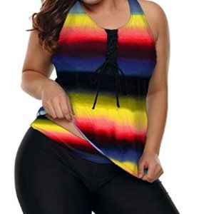 Yellow Stripes Capris Tankini Athletic Swimwear